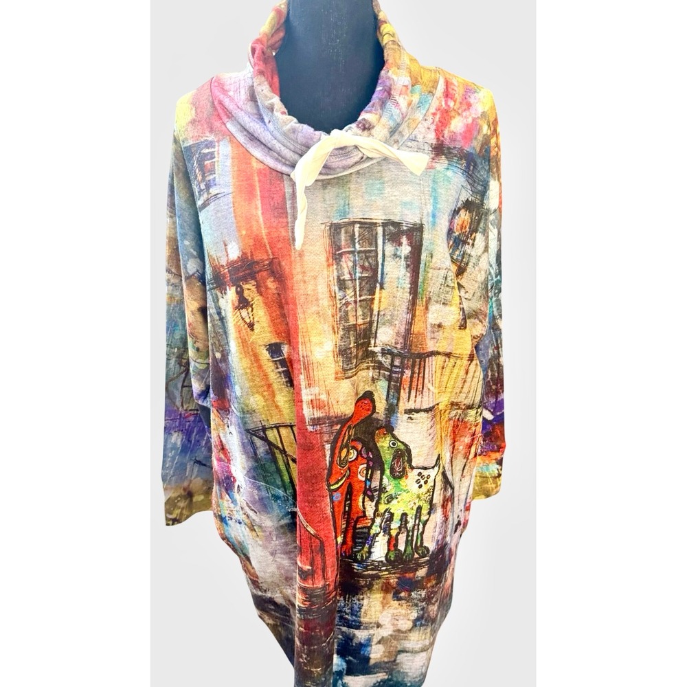 Inoah Sealed With a Kiss Dog Print Cowl Neck Tunic XL